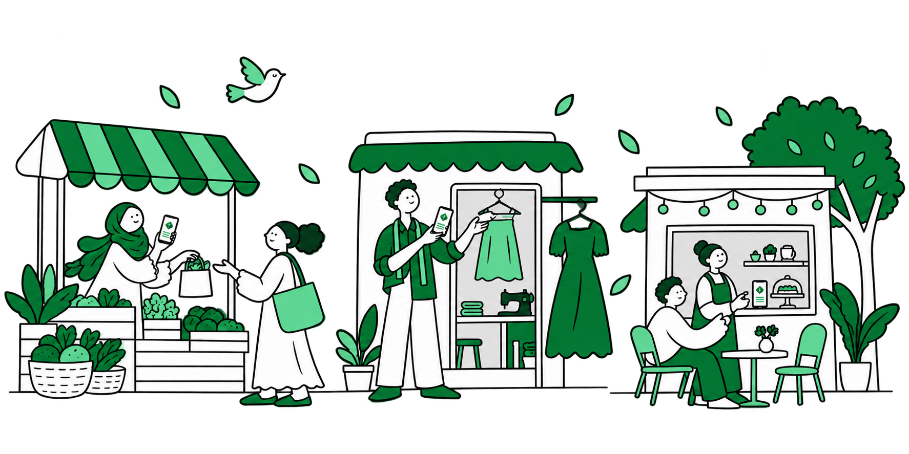 A greengrocer, tailor and café owner using Qowsaar on their phones as they work with customers