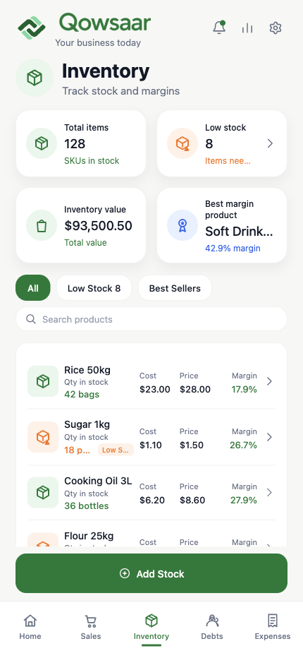 Qowsaar Inventory screen with stock, prices and margins