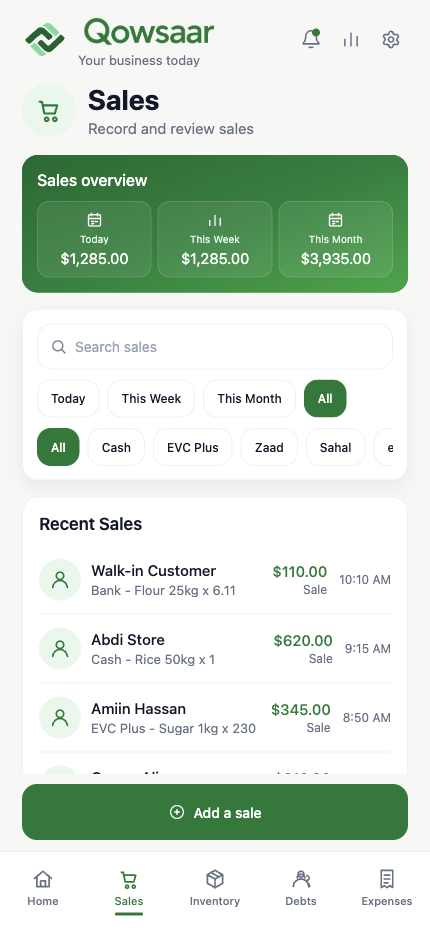 Qowsaar Sales screen with payment totals and transactions