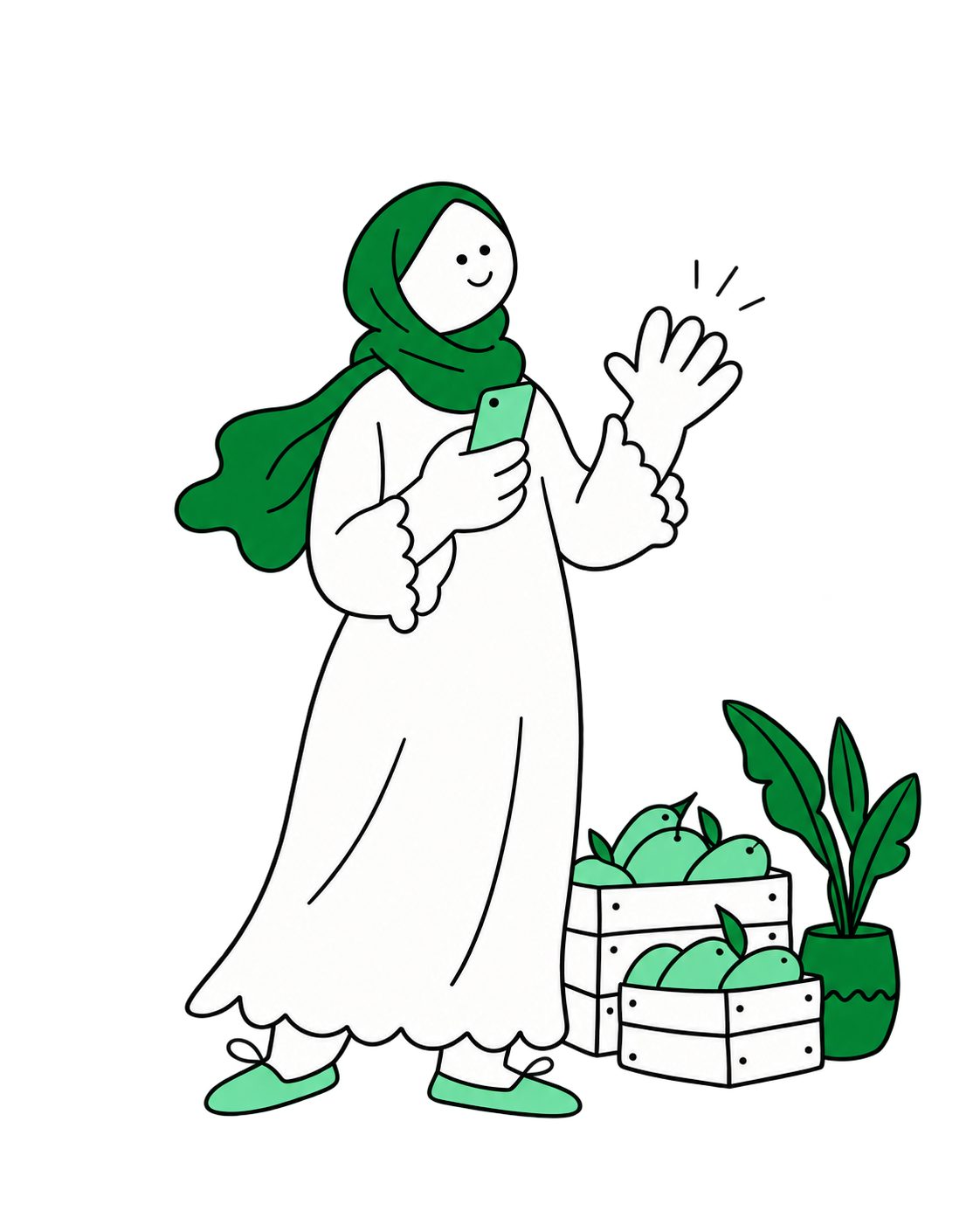 A cheerful illustrated shopkeeper holding her phone, beside crates of fruit